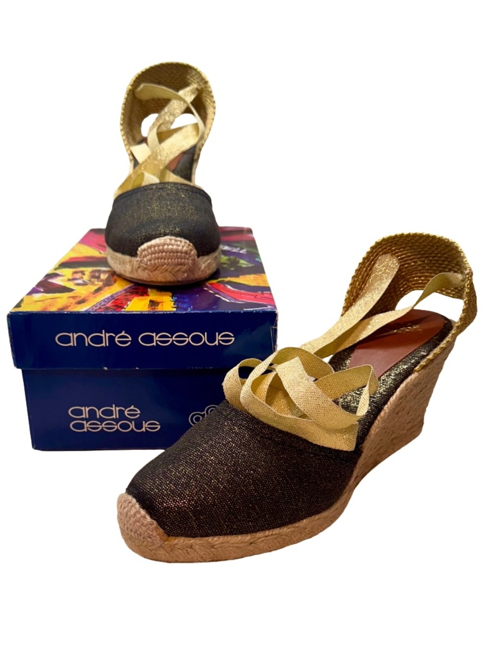 Andre Assous NWB Espadrille Canvas Black & Gold Metallic Tie Wedge Size 9 (39) - Picture 7 of 7